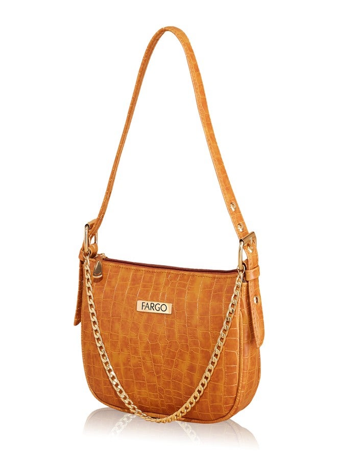 فارجو حقيبة يد نسائية من فارغو بنقشة جلد التمساح وحزام مزدوج (أصفر) - Image 1